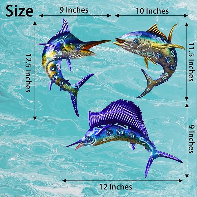 Metal Fish Wall Art Decor, 3-Piece Marlin Tuna Swordfish Set, Blue and Gold Tropical Ocean Theme Outdoor Wall Christmas Decor for Patio Garden Yard, Decorative Hanging Sculptures Christmas Decoration Gift