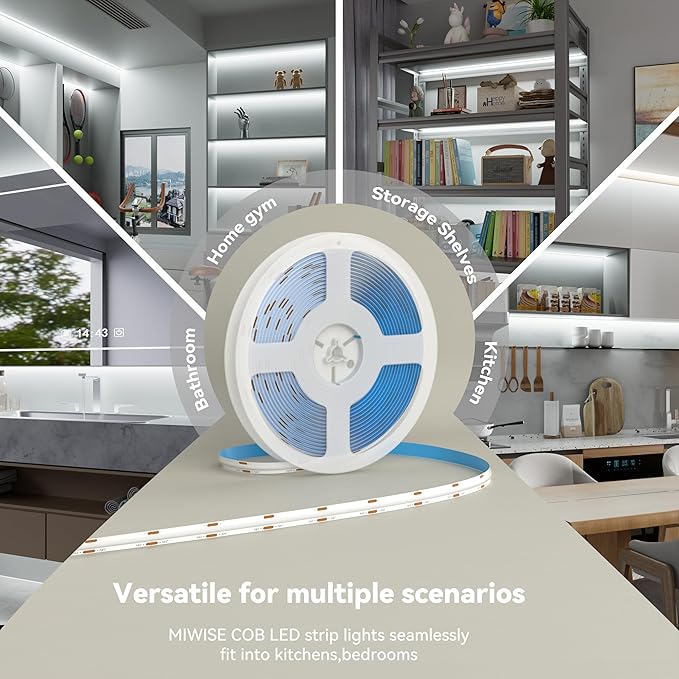 MIWISE White LED Strip Lights,COB LED Strip Light 6000K Daylight White,Dimmable 32.8ft 24V LED Tape Lights,Flexible Super Bright Strip Lighting with Remote for Under Cabinet,Mirror,Bedroom,DIY Project