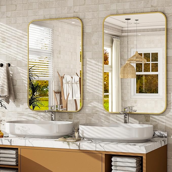 24 x 36 Inch Bathroom Mirror, Rounded Rectangular Vanity Mirror for Wall, Modern Mirror for Room Decor, Gold Framed Wall-Mounted Mirrors for Home Decor, Hangs Horizontally or Vertically