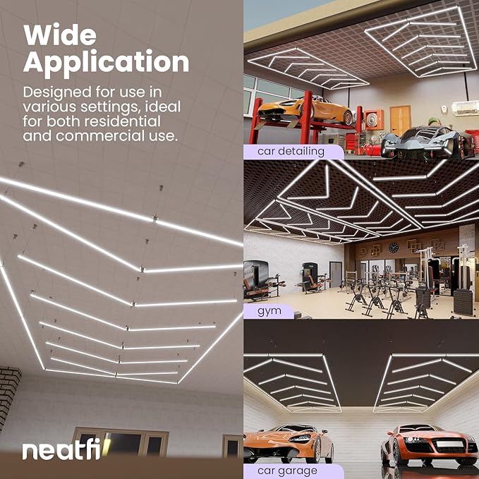 Neatfi 384W LED Garage Light, 42,240 Lumens, 6500K, IP54 Waterproof Ceiling Light for Shops, Car Detailing, Workshops, Gyms, Warehouses, Barber & Beauty Salons (Cool White, 6 Arrows with Hanging Kit)