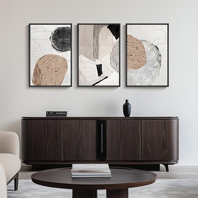 Large Framed Neutral Abstract Wall Art for Living Room, Set of 3 Piece Modern Wabi Sabi Art Beige and Black Canvas Artwork for Walls, Contemporary Minimalist Geometric Painting Prints 24x36 Inch