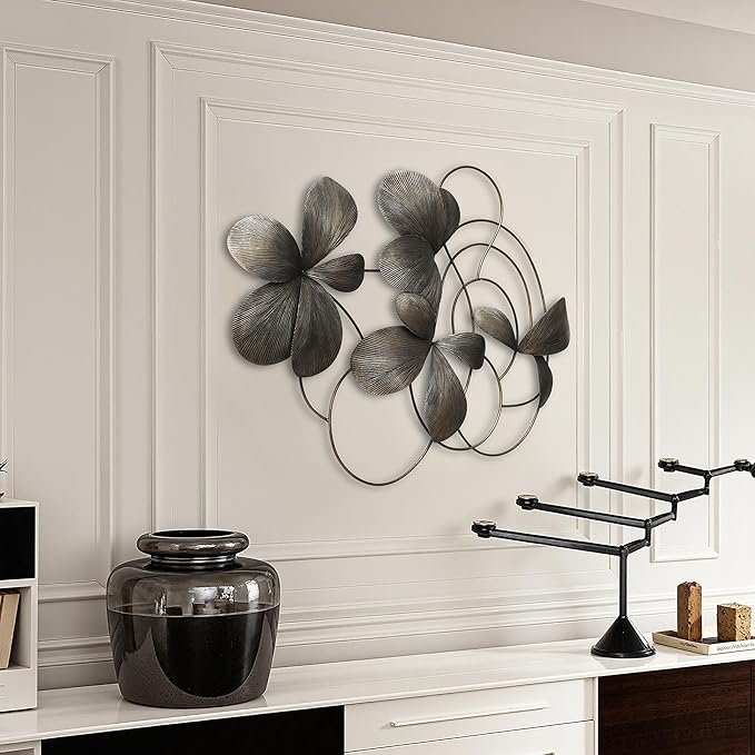 LuxenHome Metal Art Wall Decor, 42" Wide Dark Gray Abstract Metal Floral Accent Decor, Horizontal Wall Art Iron Artwork, Hanging Sculptures for Home, Living Room, Bedroom, Kitchen, Office