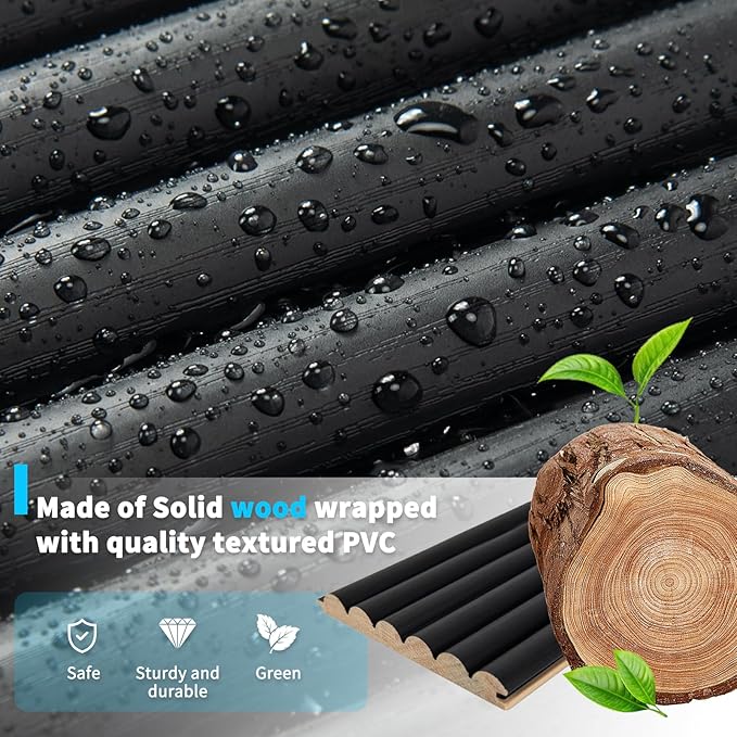 Art3d Fluted Wood Panel for Wall and Ceiling, Beaded Accent molding for Home Decoration, Pack of 4pcs + 1pc End-Trim, Size 108 x 5.7in.- Beaded Black