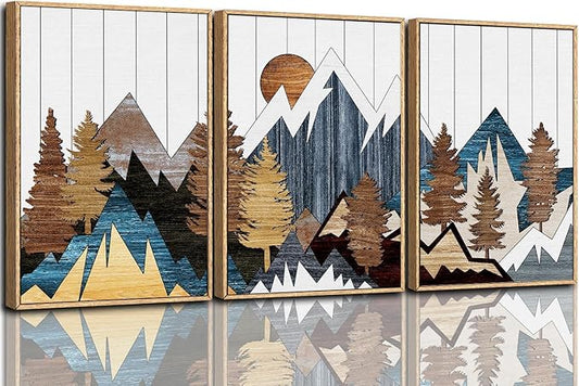CHDITB Mountain Framed Canvas Wall Art Set of 3, 24"x36" Country Woodcut Style Wall Decor, Forest Nature Wilderness Wall Painting, Large Modern Art Prints for Living Room, Bedroom, Farmhouse, Office