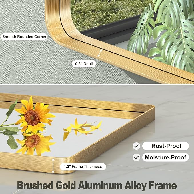 20x30 Inch Gold Framed Bathroom Mirror, Rectangle Brushed Gold Metal Vanity Mirror, Gold Mirror for Wall, Rounded Corner, Tempered Glass, Anti-Rust, Shatterproof (Horizontal/Vertical)