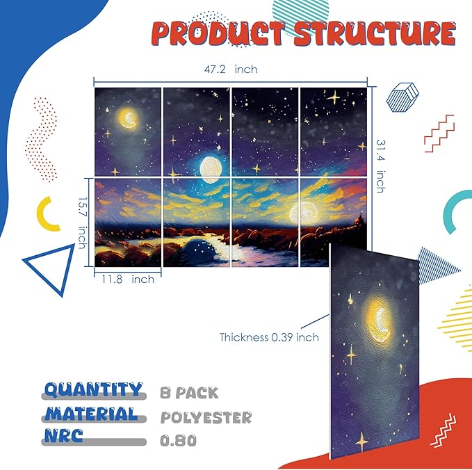 8 pack Art Acoustic Panels with Self-Adhesive,48 x 32Inches Acoustic Wall Art,Better Decorative Sound Proof Panels,Recording Studio/Home/Office Acoustical Treatment,Starry Sky