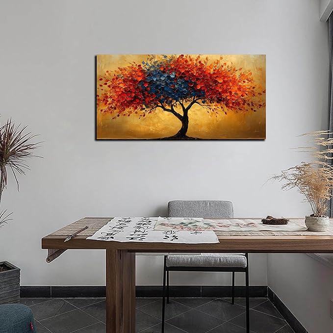 CANEITO Tree Wall Art for Living Room, Red Blue and Gold Wall-Decor for Bedroom, Natural Canvas Prints Pictures for Hallway Office, Size 40x20 Inches
