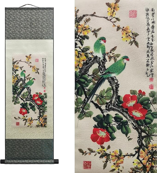 AtfArt Asian Wall Decor Beautiful Silk Scroll Painting 4 Color Flower bird - Starling Thrush Magpie Parrot Oriental Decor Chinese Art Wall Scroll Hanging Painting Scroll 36.2 x 12in (Green Parrot)