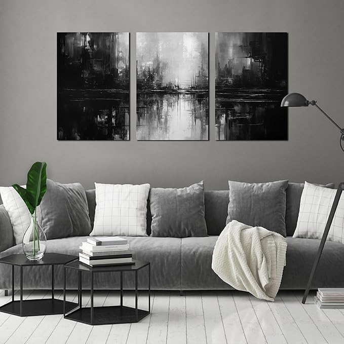 Large Abstract Canvas Wall Art for Living Room,Black and White Pictures Wall Art for Bedroom 16 x 24 Inch x 3 Pieces