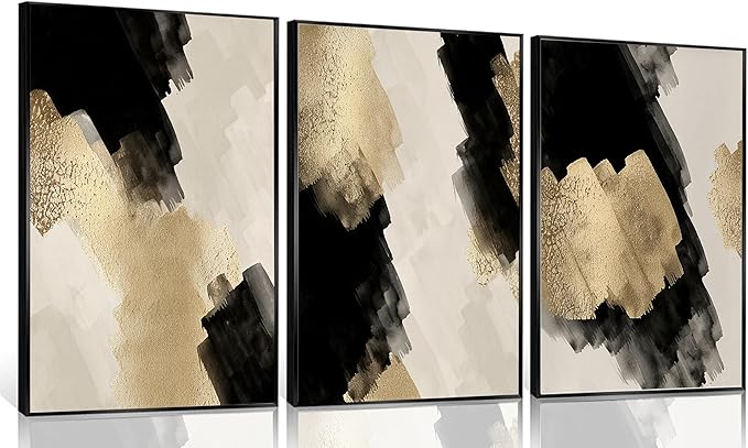 3Pcs Black and Gold Abstract Wall Art Modern Minimalist Posters Prints Neutral Abstract Pictures Painting Wall Decor for Living Room Bedroom Office Decoration Unframed