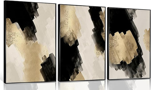 3Pcs Black and Gold Abstract Wall Art Modern Minimalist Posters Prints Neutral Abstract Pictures Painting Wall Decor for Living Room Bedroom Office Decoration Unframed
