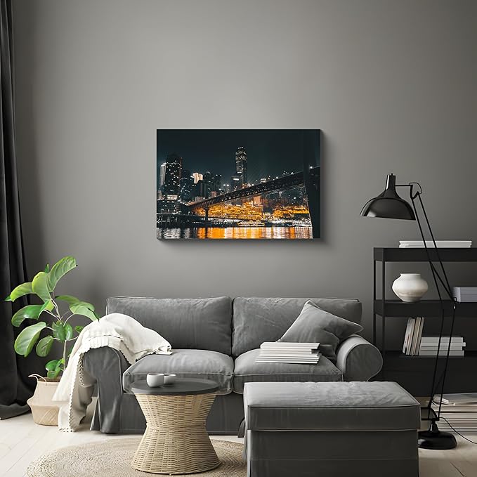 NAN Wind 1PCS Chongqing City Nightscape Canvas Wall Art Illuminated Chinese Skyline with Bridge Skyscrapers Modern Urban Landscape Photography Print for Living Room Office Bedroom Decor