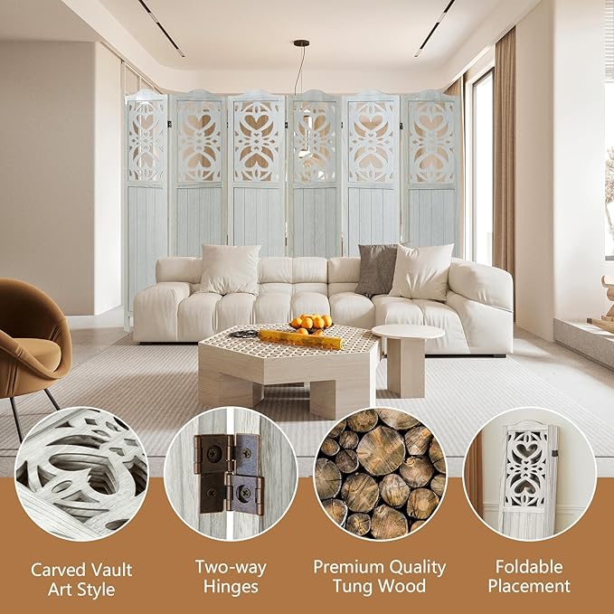 6 Panel Wood Room Divider 5.6Ft Carved Room Divider and Folding Privacy Screen, Minimalism Portable Partition Screen Divider for Room Separation, Room Decoration for Home Office - White