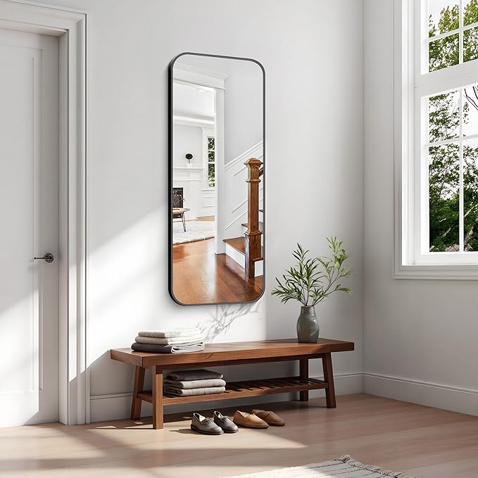 KOCUUY Black Rectangle Mirror, 20" x 48" Metal Frame Mirror with Rounded Corner, Classic Design of Upgraded Shatterproof Glass for Bathroom, Bedroom, Living Room, Entryway