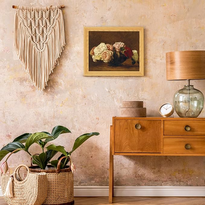 Brivoria Framed Canvas Wall Art Vintage Decor, Antique Floral Still Life Print with Roses and Warm Autumn Background for Entryway Hallway Reading Nook Office or Bathroom Classic Fall Display, 13"x16"