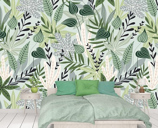 Cliouar-Watercolor Green Leaves Tropical Plants Bedroom Living Room Decoration Mural Wallpaper 103" x 69"(Not Self-Adhesive)