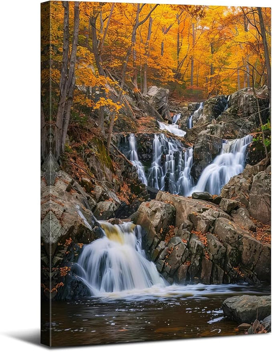 Autumn Orange Forest Wall Art Nature Waterfall Wall Decor Forest River Landscape Picture National Park Posters Rustic Trees Canvas Painting Artwork for Bathroom Living Room Home Decoration 32x48"