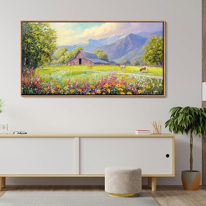 AJAZIKO Rustic Mountain Wall Art - Farmhouse Landscape Wall Decor with Highland Cow & Floral Art - Nature & Country Artwork for Living Room, Bedroom & Walls - Framed Flower Pictures for Home 20x40IN