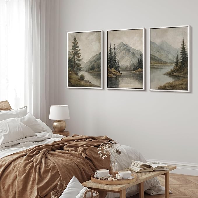 MUDECOR Framed Wall Art Print Set Mountain Landscape Nature with Trees, Lake, and Mountains, Rustic Illustrations Modern Art Decorative Colorful for Living Room, Bedroom, Office - 16"x24"x3 White