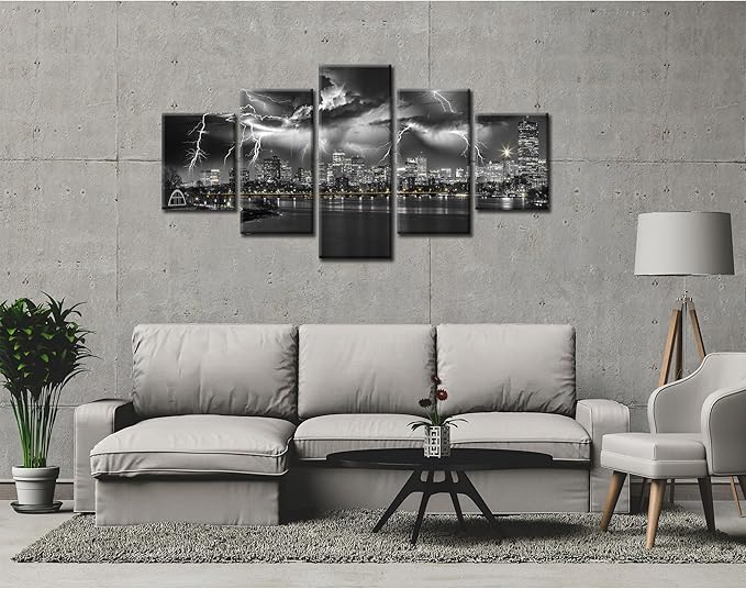 Boston Wall Art Massachusetts Panoramic Night Wall Decor Lightning Strikes City Picture Boston Skyline Canvas Prints Black and White Painting Poster Framed Home Decoration(60x32 inches)