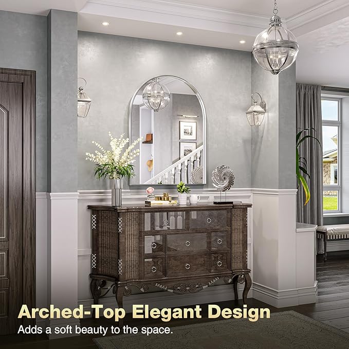 Brightify Arched Mirror, Arched Wall Mirror, 24 x 32 Inch Silver Arch Mirror, Metal Frame Silver Bathroom Mirror, Arched Top Bathroom Vanity Mirror for Living Room Bedroom Mantel Entryway Hallways