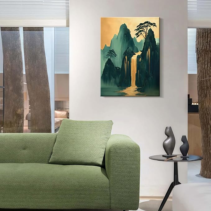 Framed Mountains Waterfall Oriental Landscape Green Gold Picture Wall Art Decor Canvas Print Modern Asian Zen Poster Gallery Bedroom Living Room Office 12x16 Inch Ready to Hang