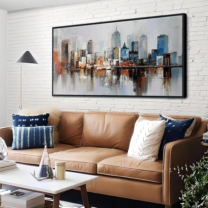 Arjun Brooklyn Bridge Wall Art Modern New York Abstract Canvas Cityscape Painting Colorful NYC Skyline Textured Picture for Living Room Bedroom Home Office Wall Decor, Large Black Wood Framed 48"x24"