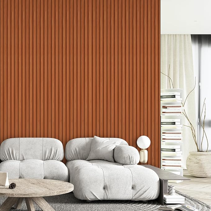 OUZUGIE WPC Acoustic Slat Wall Paneling, 8-Pack 96 x 6 Inches 3D Wall Panels for Interior Wall Decor,Living Room,TV Background,Study Room,Office Spaces,Bedroom,High Grille (Teak)