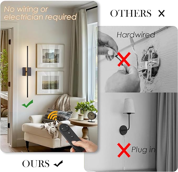 Battery Operated Wall Sconces with Remote Control, Dimmable Wall Sconces Set of Two, 350°Rotate, 3000K LED Black Wireless Wall Light for Living Room, Hallway, Bedroom, 32.2 Inch (2 Pack)