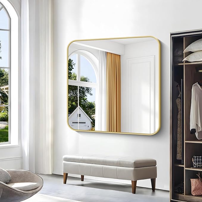 BONEWEI Gold Bathroom Mirror,48x48 inch Wall Mirror for Bathroom Wall Mounted,Round Rectangle Mirror for Bathroom Over Sink,Modern Frame for Home Decor Living Room,Bedroom Entryway,Horizontal/Vertical