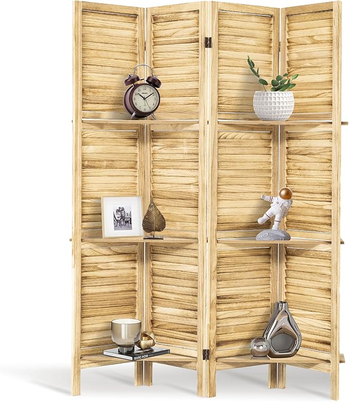 4 Panel Room Divider 5.6FT Louvered Design Room Dividers with Display Shelves Folding Privacy Screens Portable Freestanding Partition Wall Dividers for Bedroom & Office, Natural Wood
