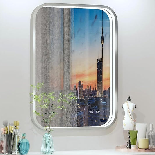 20x28 Inch Silver Frame LED Bathroom Mirror with Lights, Adjustable 3000K/4500K/6000K, Wall Mounted Lighted Bathroom Vanity Mirrors, Anti-Fog, Dimmable, Memory Funtiom, Horizontal/Vertical