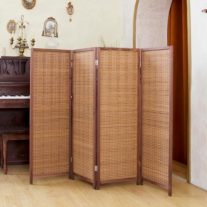 4 Panel Short Room Divider Folding Screen,47 inch Bamboo Panel Divider for Home Partition,Brown
