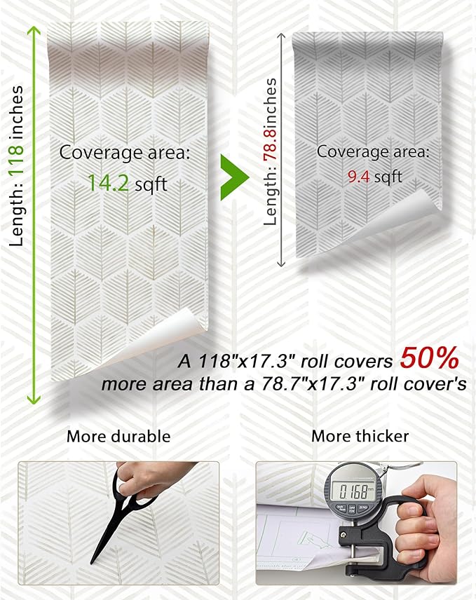 MelunMer 118In L 17.3In W Modern Peel and Stick Wallpaper Boho Contact Paper for Cabinets/Drawers Self Adhesive Removable Wallpaper for Bedroom/Bathroom Waterproof Geometric Contact Paper Beige/White