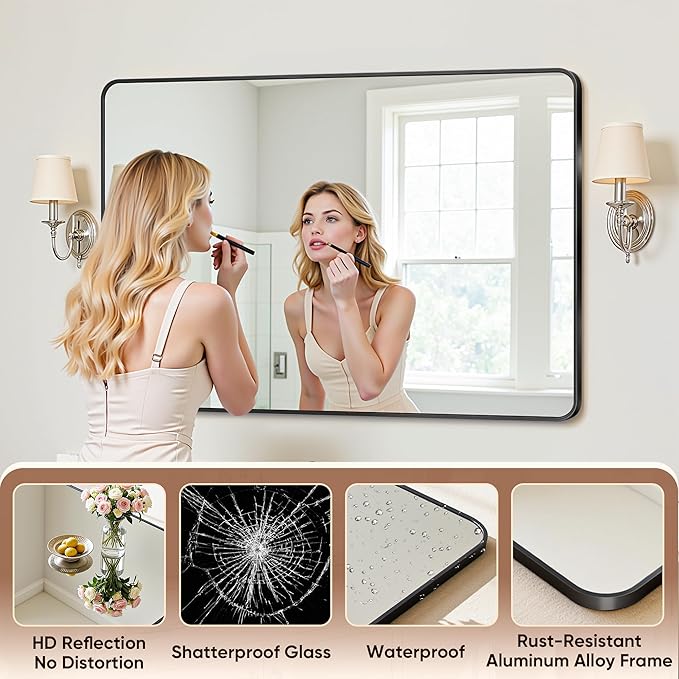 Antok Wall Mirror, 22"x30" Bathroom Vanity Mirror, Anti-Rust HD Tempered Glass, Wall Mounted Mirrors for Living Room, Entryway, Black Frame, Rect