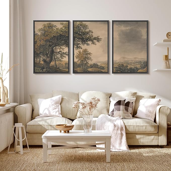 MUDECOR Framed Wall Art Print Set Vintage Landscape Rustic Tree and Mountain View Illustrations Decorative Colorful for Living Room, Bedroom, Office - 24"x36"x3 Black