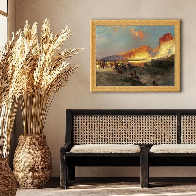 Brivoria Framed Canvas Wall Art Vintage Decor, Majestic Autumn Western Landscape with Horsemen, Red Cliffs and Fiery Sunset Sky for Living Room Bedroom Dining Room Fireplace or Gallery Display, 16x20