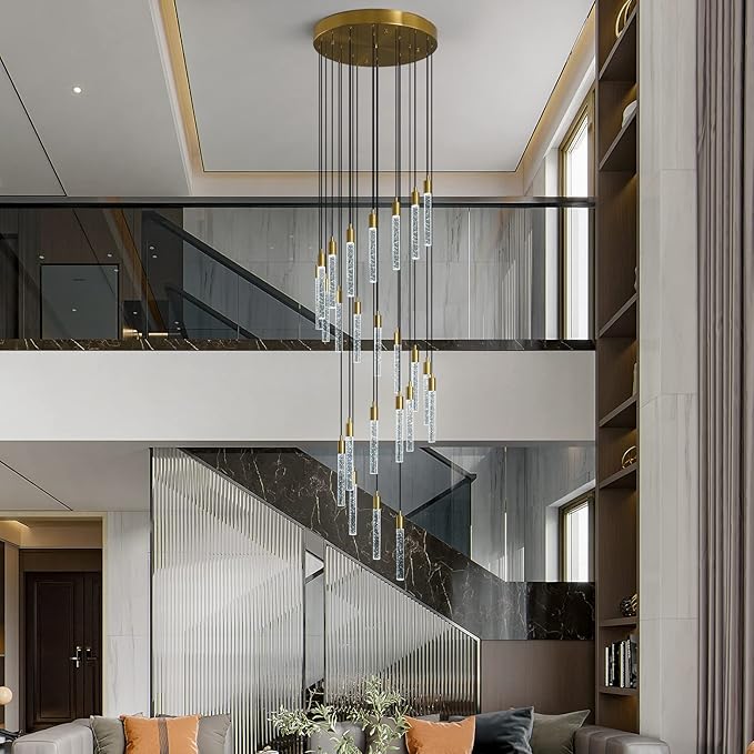 24-Light Modern Living Room Chandelier Gold Brass Finish Crystal Ceiling Pendant Lights LED Dimmable 144W 6000K Staircase Large Chandeliers for Entryway Lobby Foyer High Ceiling Chandeliers