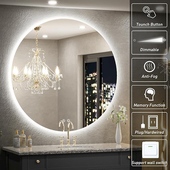 36 Inch Round LED Bathroom Mirror - 6000K Daylight Backlit, Anti-Fog & Dimmable, Frameless Waterproof Mirror with Touch Control, CRI90+, IP54 for Vanity & Makeup