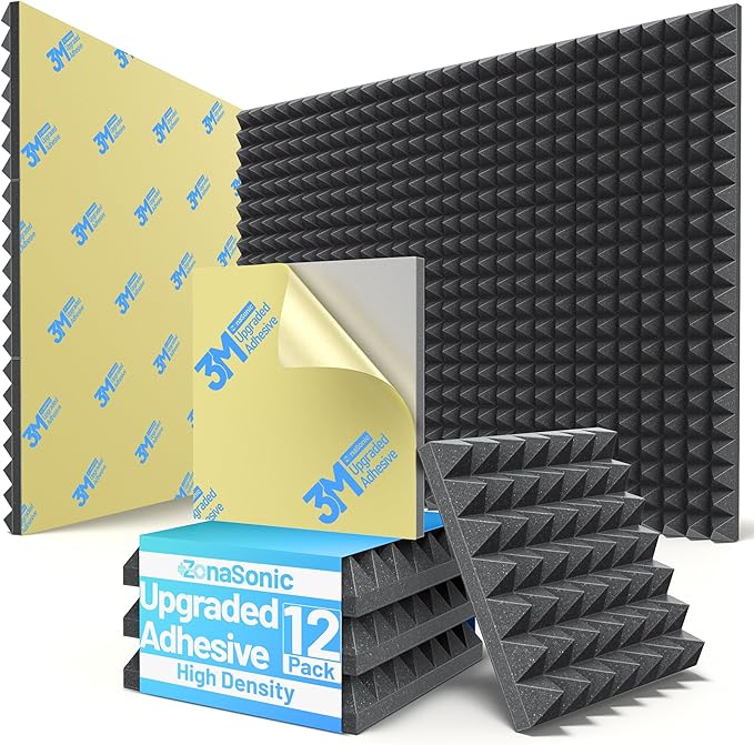 12 Pack Pyramid Sound Proof Foam Panels for Walls with Updated Self-Adhesive 2"X12"X12" High Density Acoustic Panels Sound Absorbing Fast-Expanding Soundproof Wall Panels for Gaming Studio Decor-Black