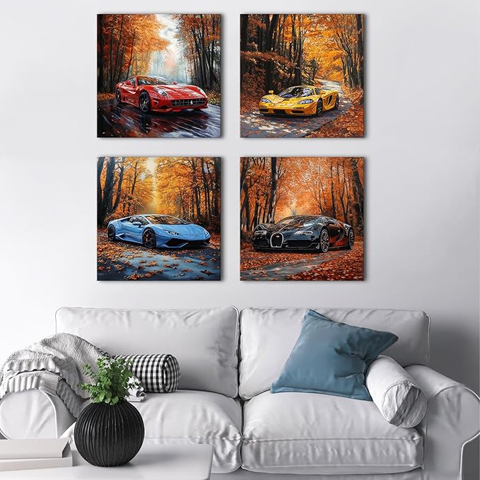 Car Poster Fall Forest Wall Art Framed Car Wall Decor for Teen Boys Man Bedroom Décor Sports Posters Ferrari Lamborghini McLaren Bugatti Canvas Pictures for Office Living Room Decorations Toddler Gift