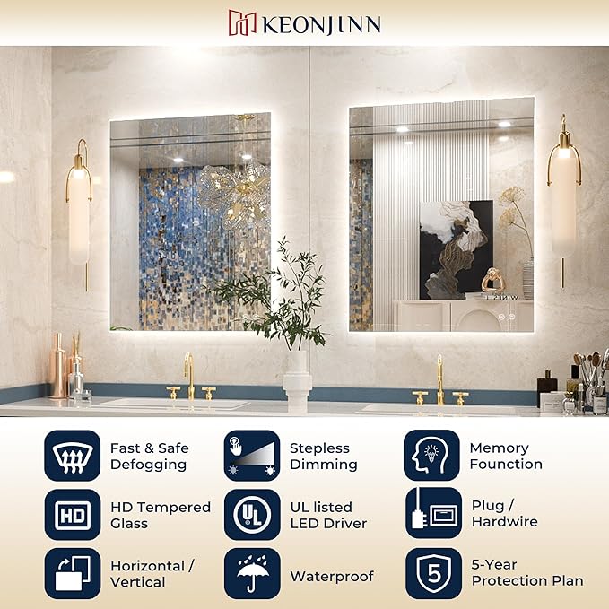 Keonjinn LED Backlit Mirror 84” x 32” Oversized Lighted Bathroom Mirror with UL Listed LED Driver, Large Stepless Dimmable Wall Mirror, Tempered Glass, CRI90+ Anti Fog Vanity Mirror with Backlights