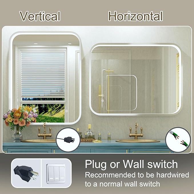 28x36 Inch Silver LED Mirror for Bathroom with Lights, Adjustable 3000K/4500K/6000K, Wall Mounted Lighted Bathroom Vanity Mirrors, Stepless Dimmable, Anti-Fog, Memory, Horizontal/Vertical