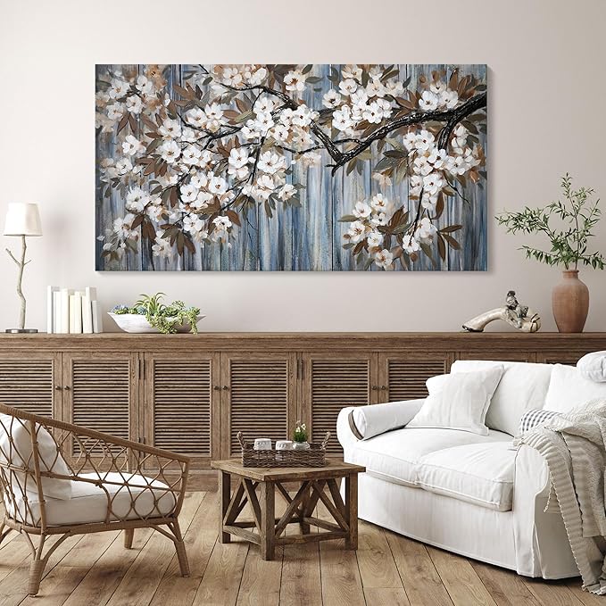 Large Canvas Wall Art for Living Room Wall Decor Abstract White Flower Tree with Gray Driftwood Picture Modern Framed Canvas Prints Artwork Ready to Hang for Bedroom Home Wall Decoration size 29x58