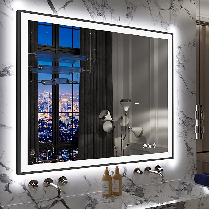 LED Bathroom Mirror 44"x36"- Lighted Vanity Mirror with Backlit and Front Light, Framed Dimmable Illuminated Mirror for Wall, Anti-Fog, Shatterproof, Memory, 3 Colors (Horizontal/Vertical)