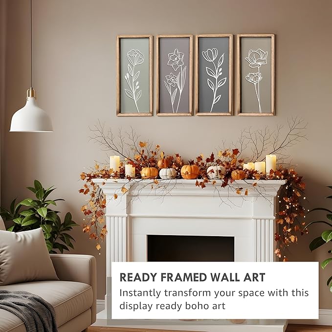 3D Wooden Floral Bathroom Wall Decor (Set of 4) Lightweight, Ready-to-Hang Framed Wall Art For Living Room, Bedroom, or Office - Premium Boho Botanical Farmhouse Decorations - Gift-Boxed