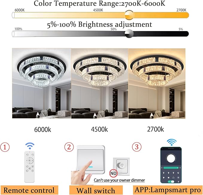 32'' Modern Flush Mount Crystal Chandelier for Living Room Round Ring Chandelier Black 3-Tier Crystal Ceiling Light for Dining Room Kitchen Bedroom Dimmable Lighting