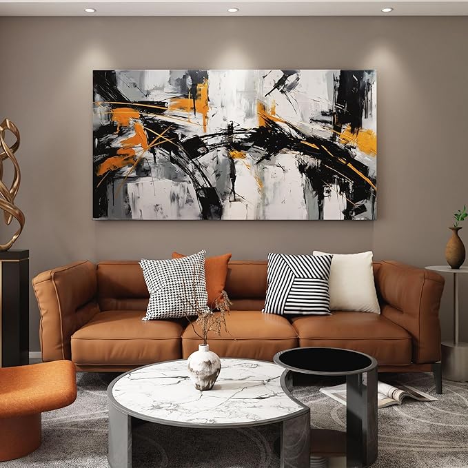 Large Abstract Canvas Wall Art Black and Orange Modern Wall Art for Living Room - Canvas Wall Decor for Office and Home - Framed Artwork for Walls Pictures for Bedroom Wall Decor 29×58IN
