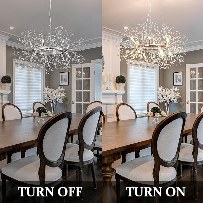 Modern Crystal Dandelion Chandelier, 12-Light (Bulb Included) Chrome Firework Dining Room Light Fixtures, Round Hanging Pendant Light for Hight Ceiling, Living Room, Entryway, Staircase, Foyer