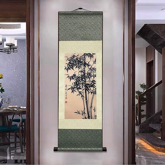AtfArt Asian Wall Decor Beautiful Silk Scroll Painting Bamboo Leaf Plant - Ancient Bamboo Oriental Decor Chinese Art Wall Scroll Wall Hanging Painting Scroll (36.2 x 12 in)